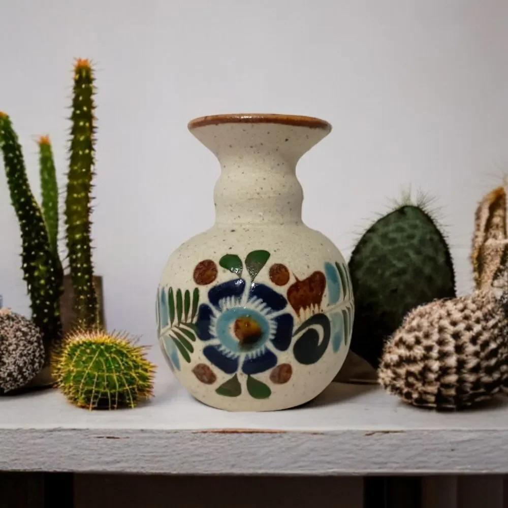 Tonala Pottery Bud Vase MINI Mexico Floral Sandstone Handpainted Signed Western.